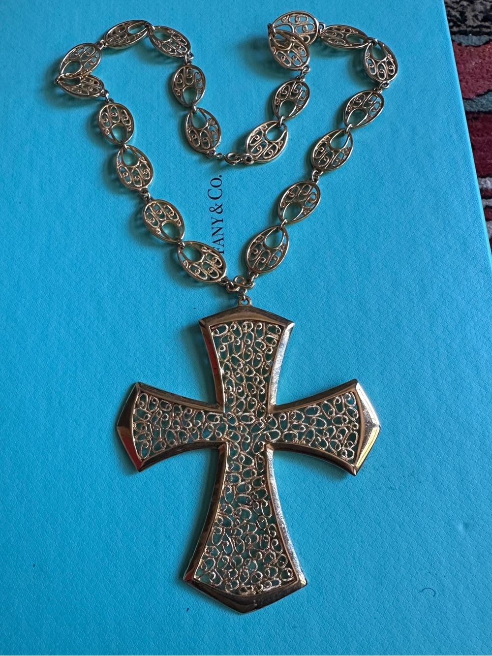 Vintage Ornate 70s Filigree Cross Pendant Gold Tone Necklace